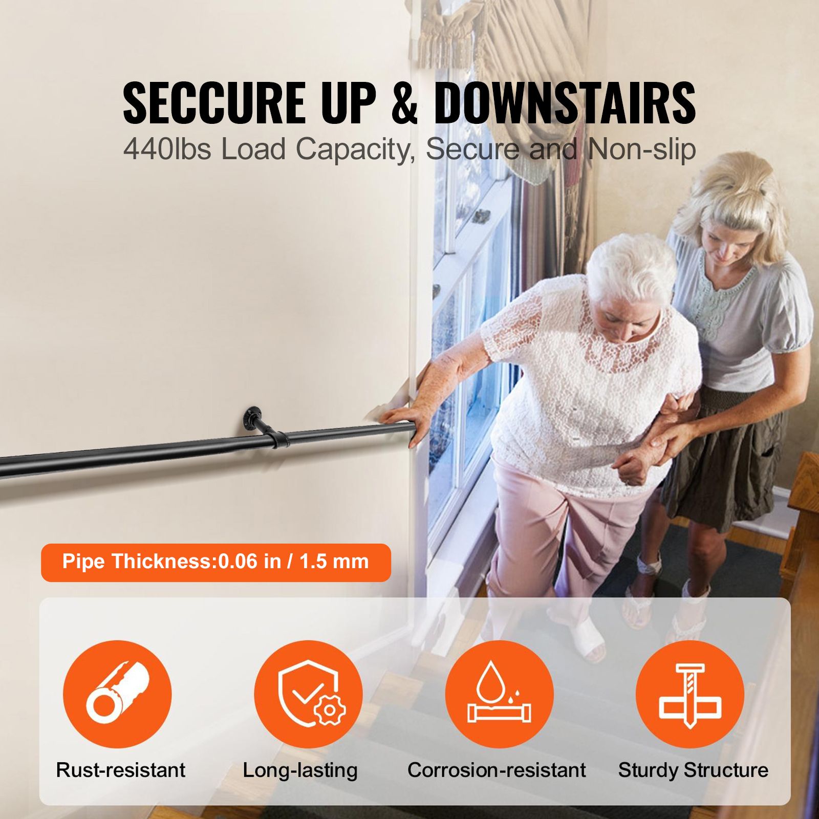 Pipe Stair Handrail, 7FT Staircase Handrail, 440LBS Load Capacity Carbon Steel Pipe Handrail, Industrial Pipe Handrail with Wall Mount Support, Round โ image 2