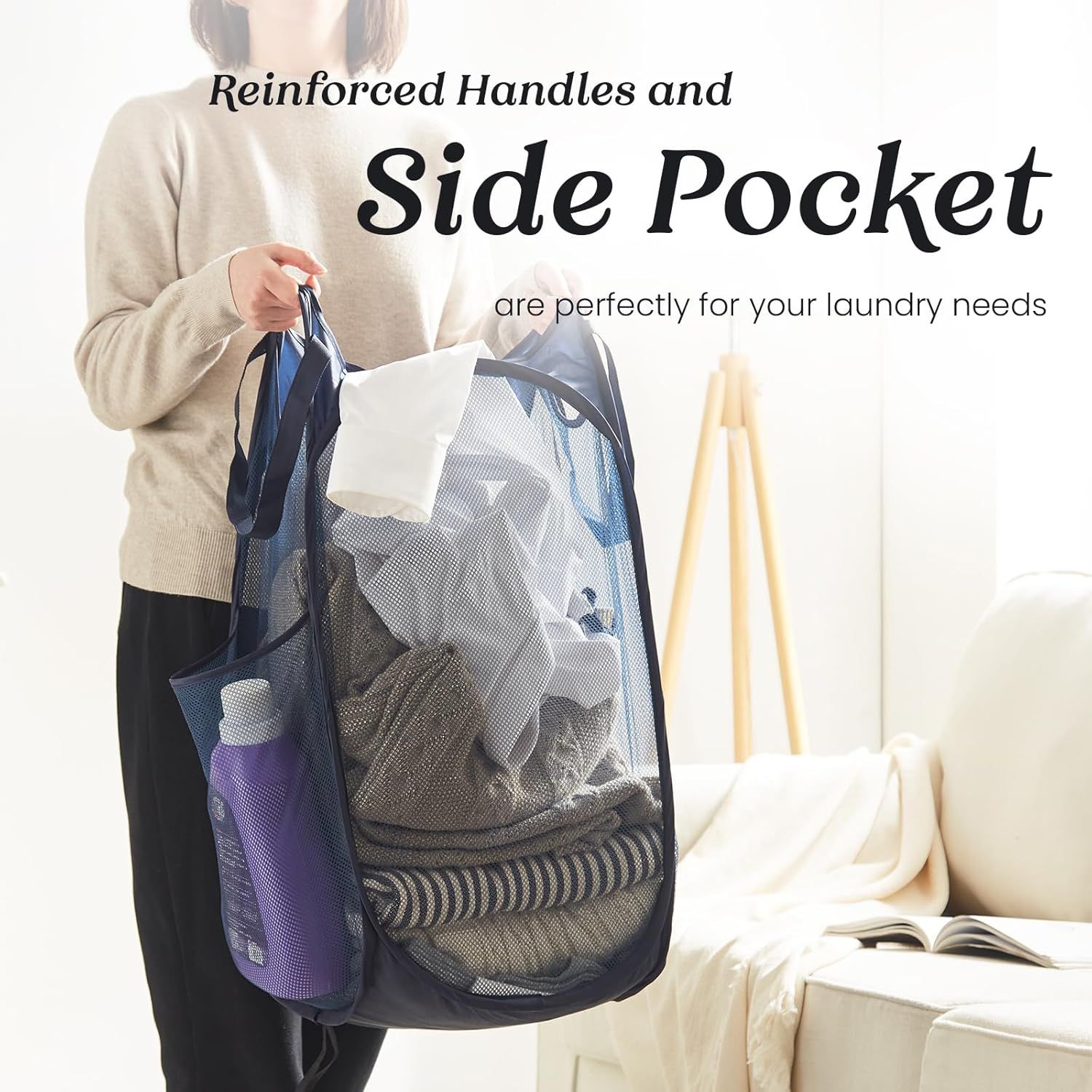 Collapsible Pop Up Laundry Basket, Hamper with Sturdy Handles and Side Pocket - Mesh Portable Foldable Dirty Clothes Hamper for Dorm, Laundry room, Bathroom — image 4