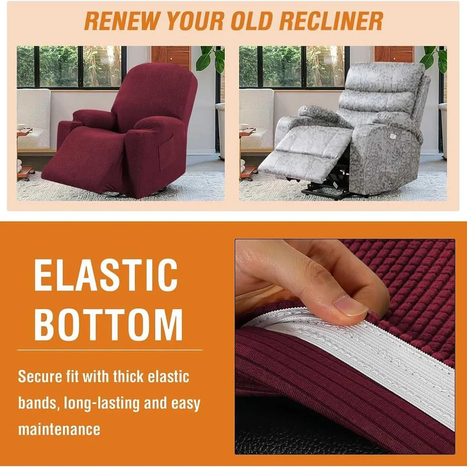 Recliner Slipcover High Stretch Soft Jacquard Fabric with Side Pocket for Standard Power Lift Recliner Burgundy, Letter B Option โ image 3