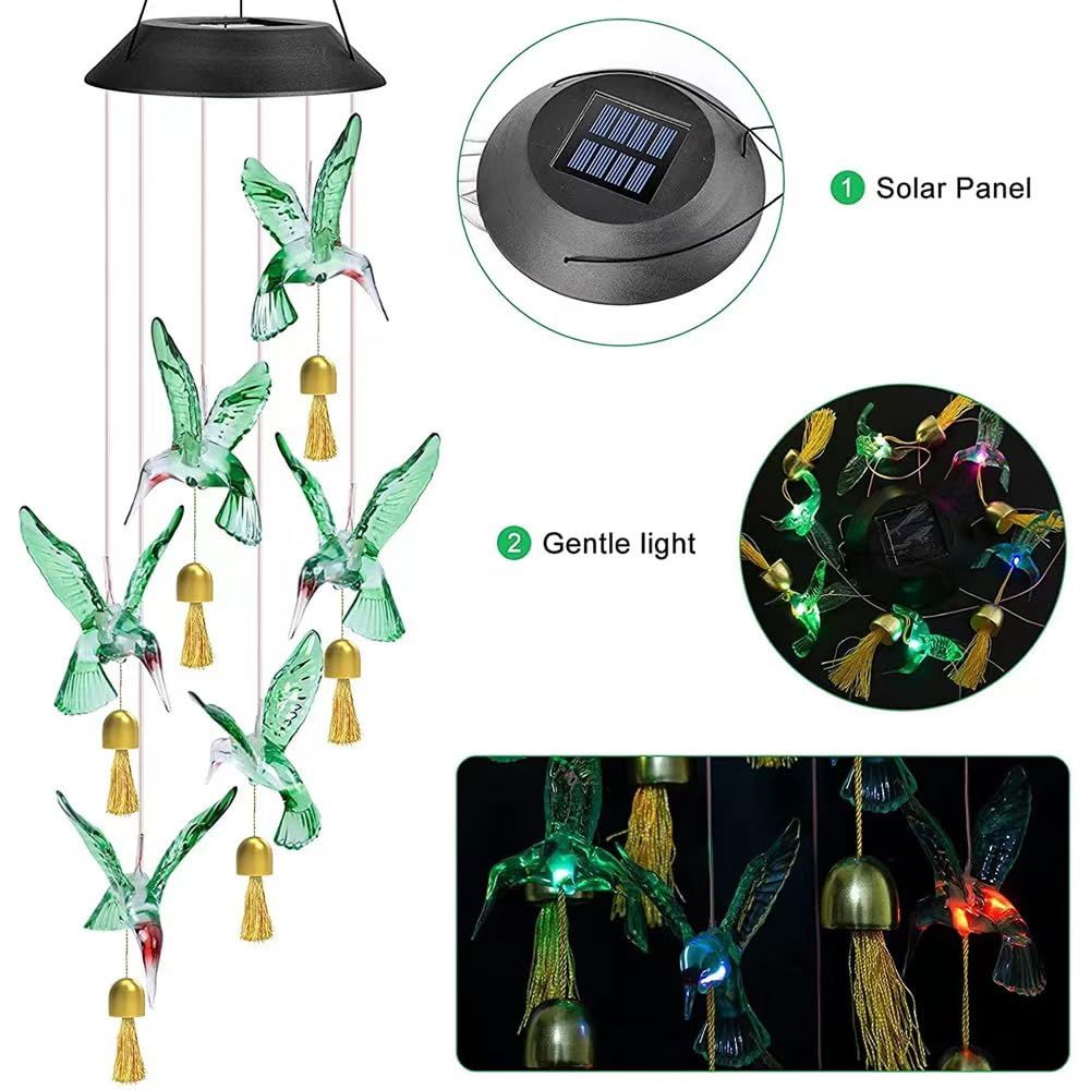 Solar Hummingbird Decorative Wind Chime Light with Bell, A Gift for Friends with Movable LED Colorful Outdoor Decorative Lights — image 2