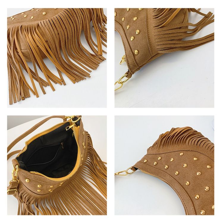 Khaki Vintage Boho Fringe Crossbody Bag - Retro Locking design PU Leather Shoulder Purse with Adjustable Strap — image 3