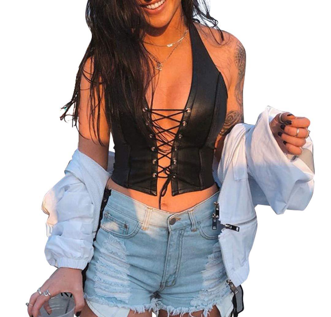 Women's Faux Leather Halter Crop Top Sexy Lace Up Deep V Camisole Gothic Punk Rave Festival Clubwear (Black, Size M) โ image 5