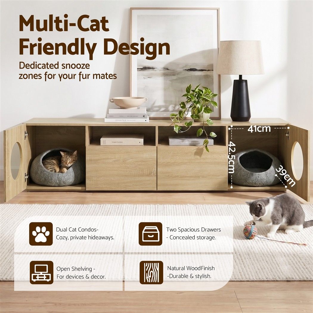 Artiss 185CM TV Unit with Cat House Storage Cabinet Pine — image 6