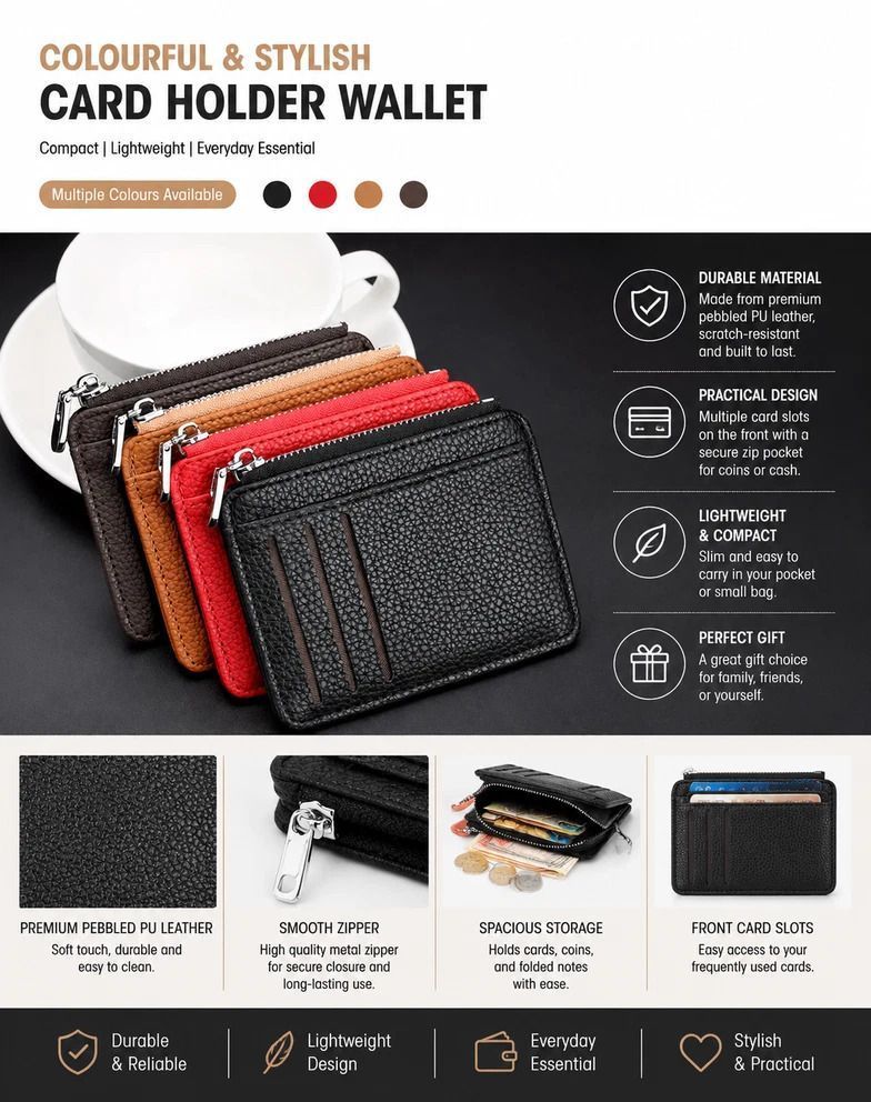 Brown & Red Vertical Card Wallet 2 Pack Lychee Grain Zipper for Travel Outfit Matching — image 5