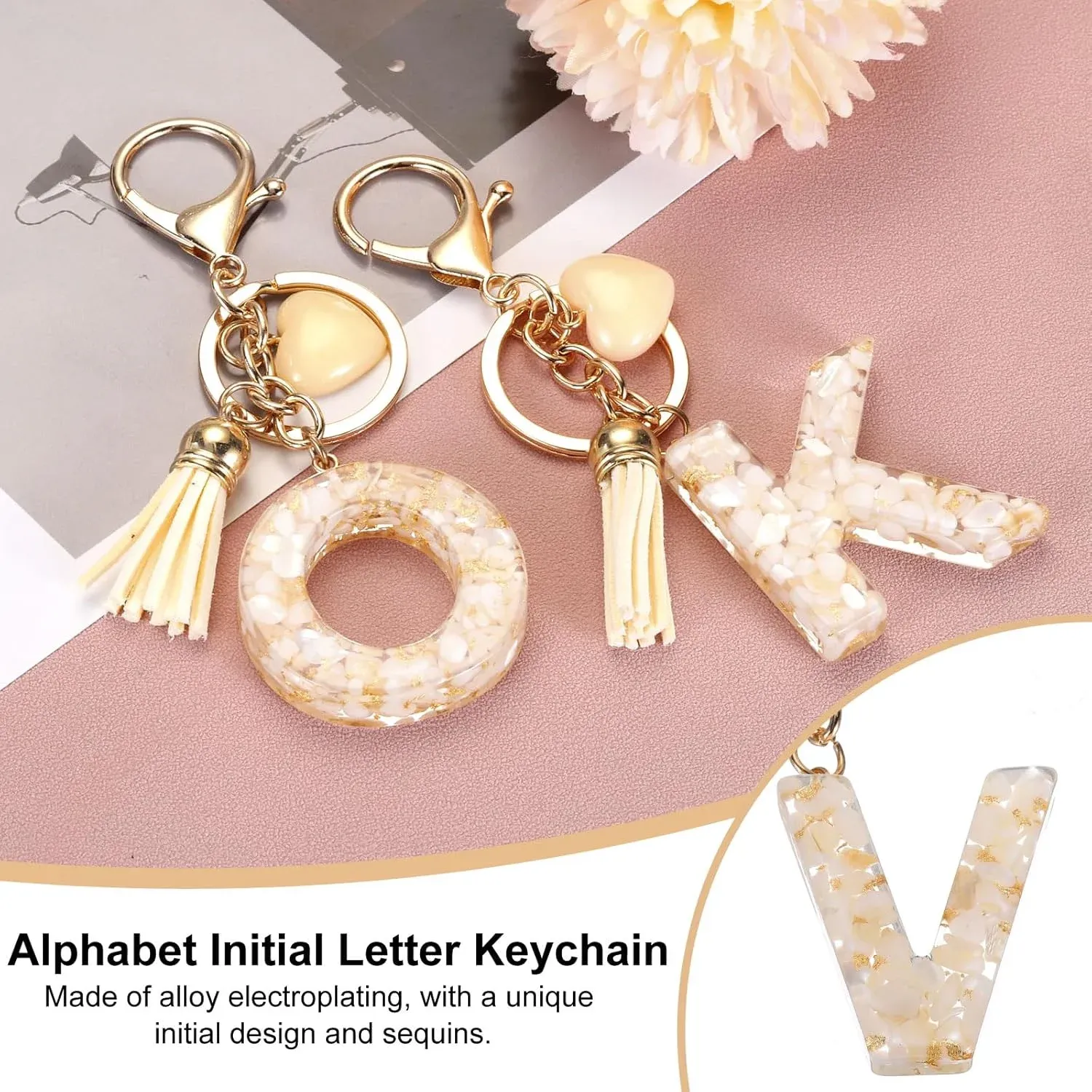Floral Resin Letter V Keychain with Tassel and Lobster Clasp for Bag Purse Keys, Gold Tone Beige, Daily Comfort Use โ image 4