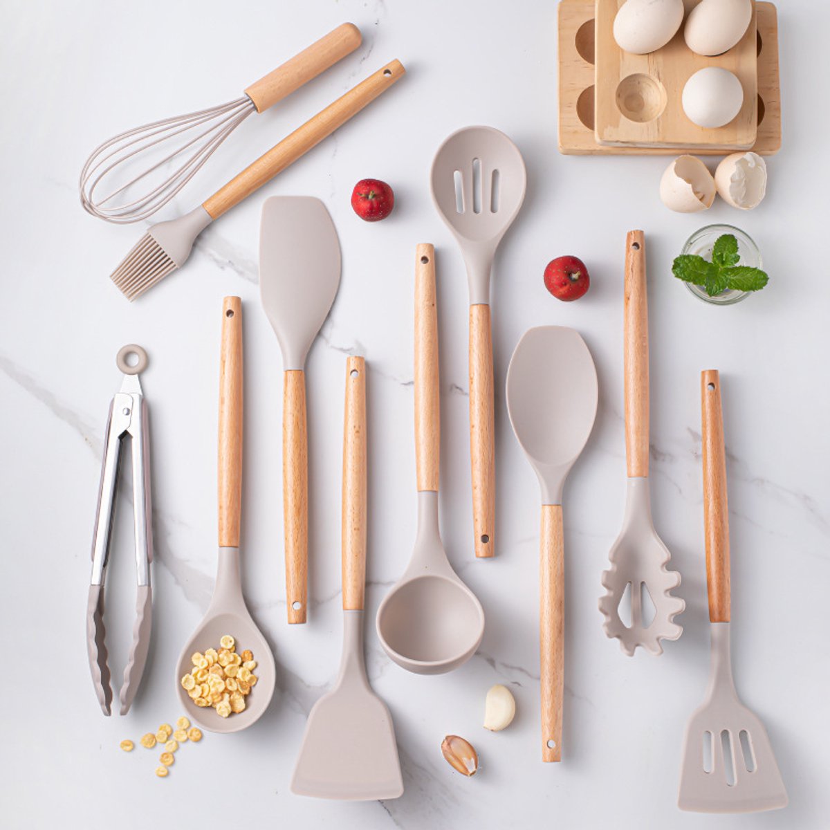Set of 12 Silicone Kitchen Utensils with Wooden Handle - Storage Bucket - Non-Stick Pan & Kitchen Utensils - Cooking Spatula and Spoon Set — image 2