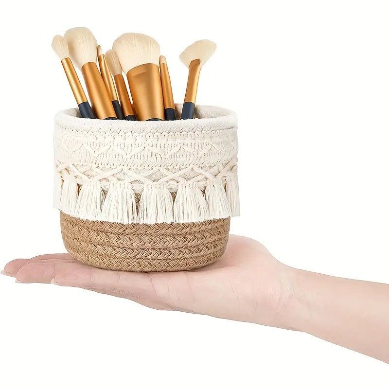 Beige Boho Cotton Rope Tassel Storage Baskets – Set of 2 Round Woven Organizers for Makeup Brushes & Desktop Essentials (12cm Diameter) — image 5