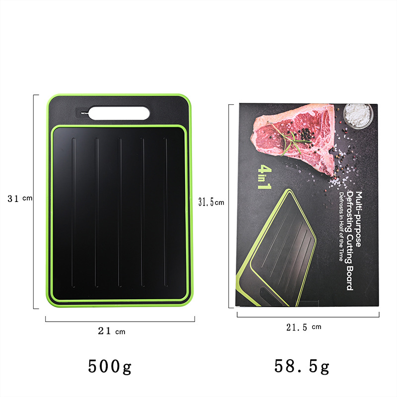 Black-Green Aluminum Fast Thawing Dual-Sided Cutting Board(31x21CM) - Multifunctional Kitchen Tool with Garlic Grinder and Knife Sharpener