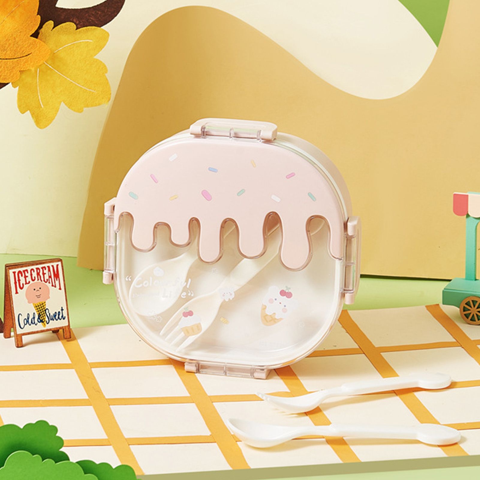 Bento Lunch Box for Kids Adults 3 Compartment Plastic Cute Ice Cream Lunch Snack Containers with Fork and Spoon for School Work Travel Pink โ image 5
