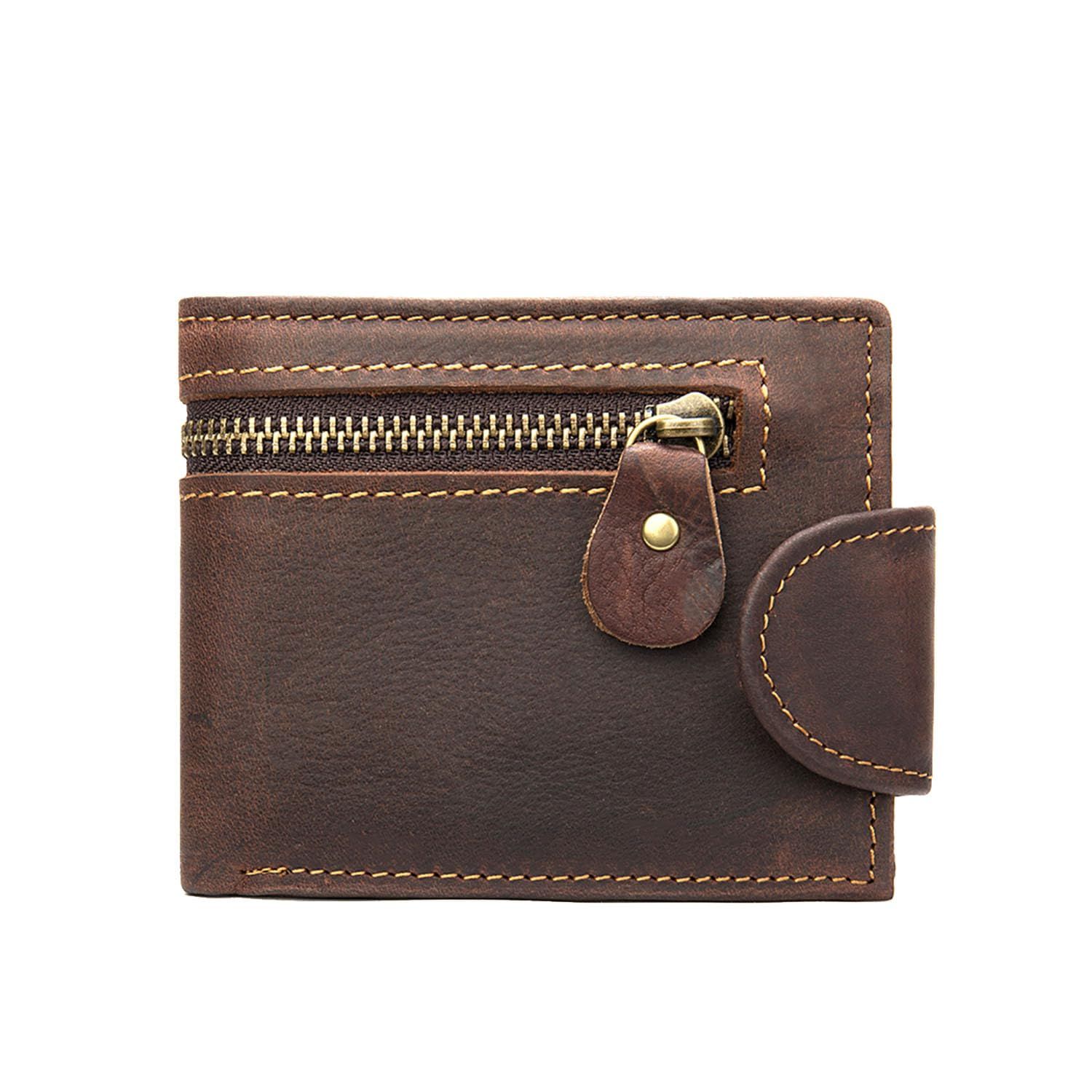 Leather Snap Wallet for Men, Multifunctional Large Capacity Vintage Wallet Bifold Zipper Wallet Men Short Head Cowhide Wallet (Brown) — image 2