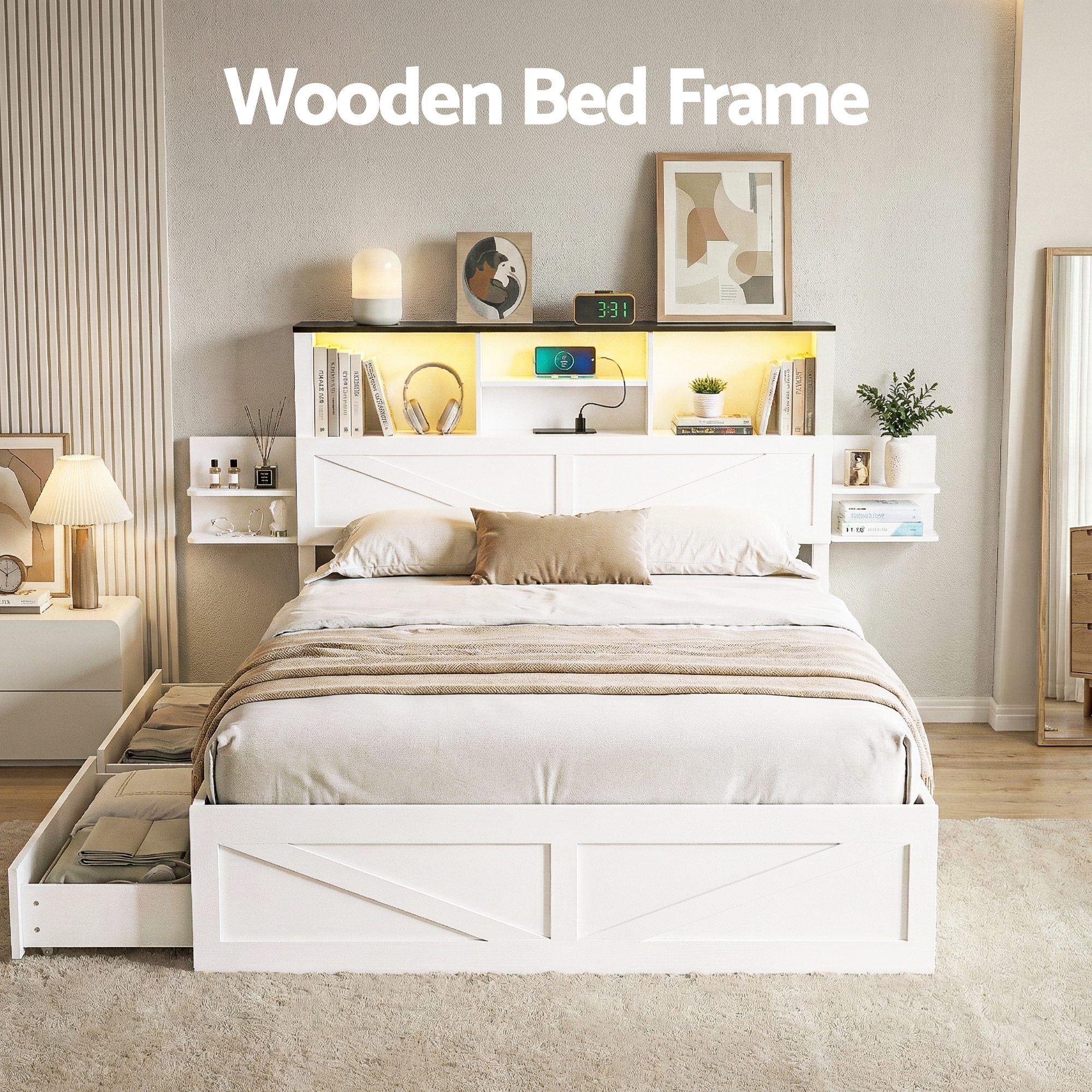 Artiss Double Bed Frame with Storage Drawers White Platform Bedframe with Bookcase Headboard Charging Station Led Light โ image 4