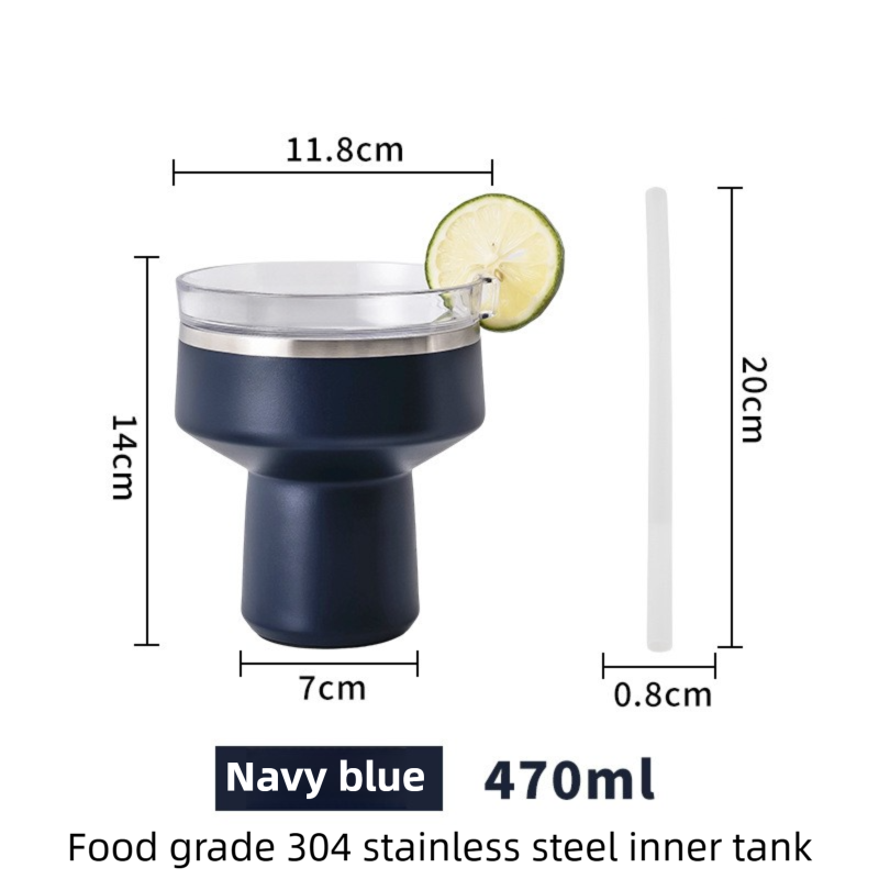 Navy Blue 470ML Stainless Steel Martini Tumbler Cup with 360°Salt & Sip Lid, Internal Markers and Straw - Double Wall Vacuum Insulated Drink Cup for Coffee