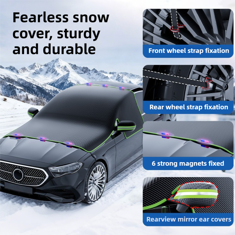 Black-Green Magnetic Car Windshield Protector with 6 Magnets & 4 Secure Straps and Reflective Safety Strips - Durable Frost & Ice Cover for All-Weather — image 3