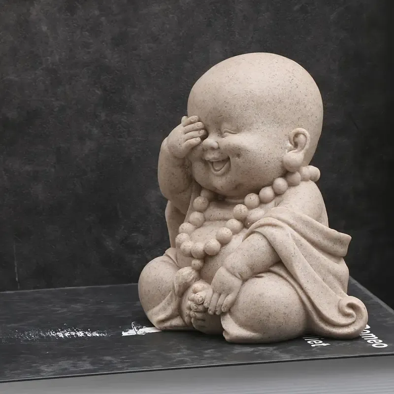 Zen Monk Resin Figurine, 3 poses hear-see-speak no evil, sandstone texture, serene smiling Buddha, perfect for tea pet, desk, car, indoor & garden decor — image 2