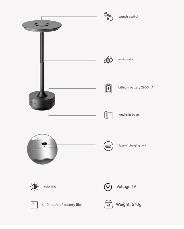Silver Elegant Aluminum Alloy Rechargeable LED Touch Lamp - 3-Color Dimmable Cordless Table Light โ image 6
