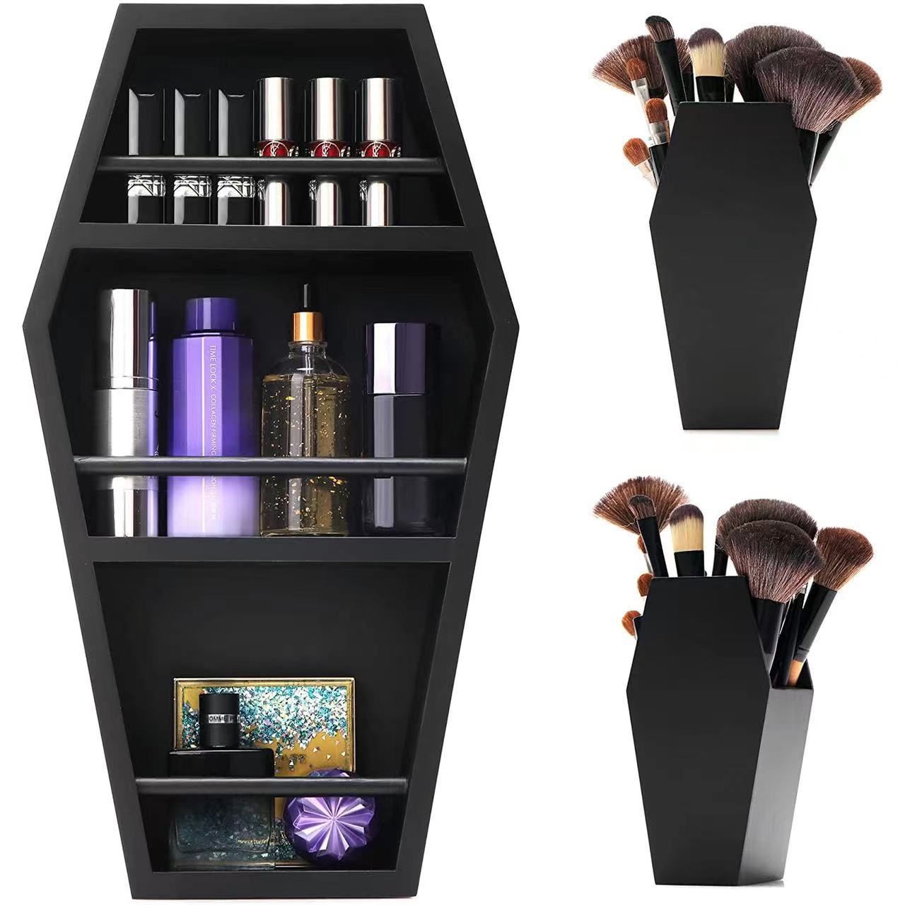 Shelf for Makeup - Goth Makeup Shelf for Bedroom - 3 Shelf Standing or Floating Wall Coffin Bathroom Standing Shelf