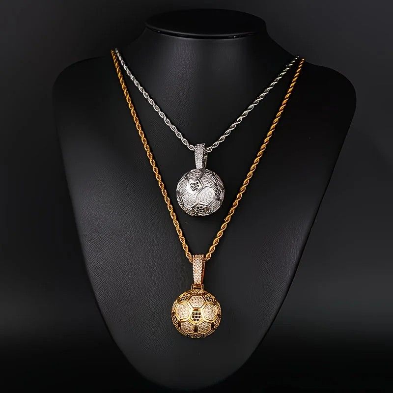 Football Hollow Pendant Necklace, Synthetic Zirconia Setting, Hip Hop Sporty Style, Trendy and Versatile.(golden) โ image 6