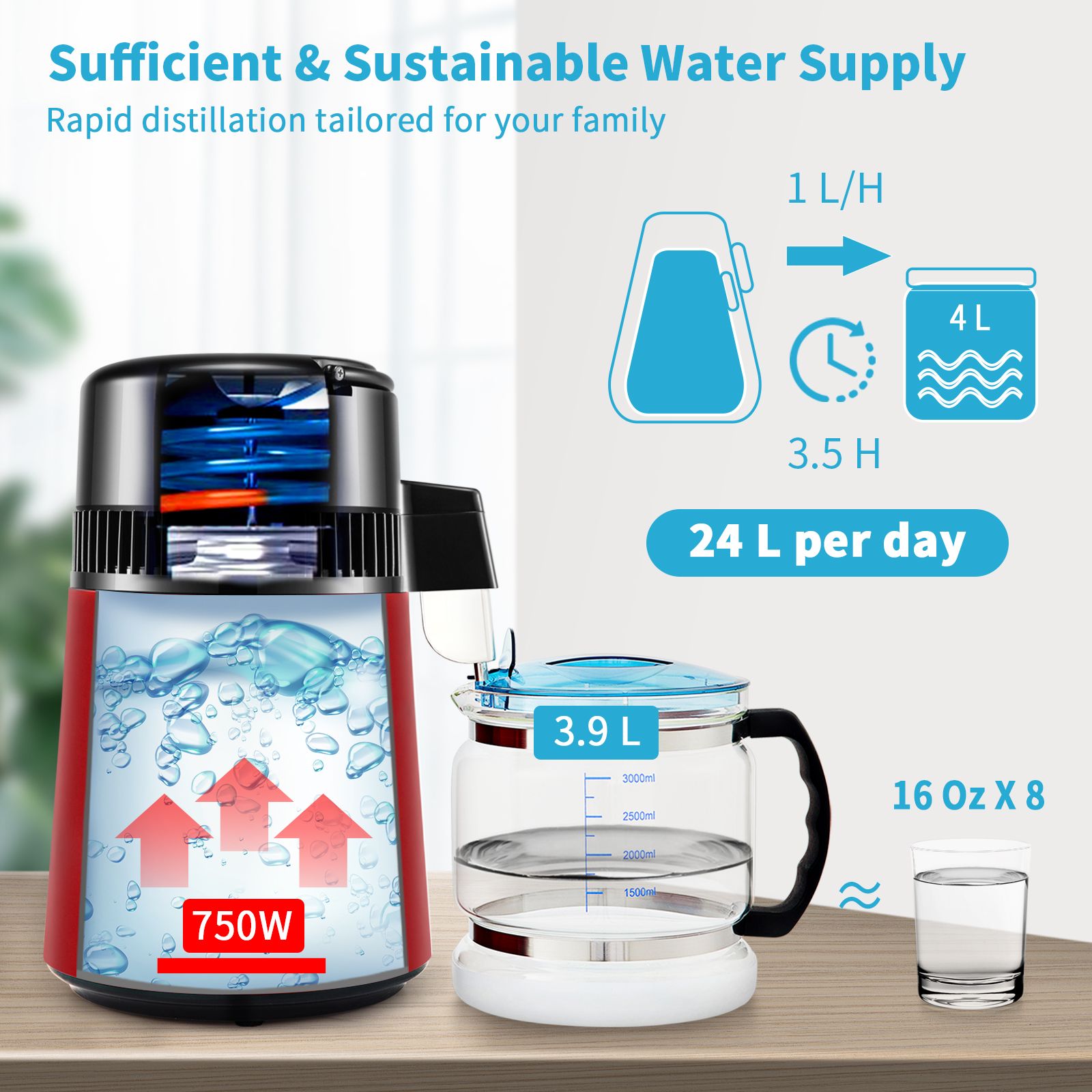 4L Water Distiller Distilled Water Maker 1 L/H w/ Timing Dual Temp Red — image 3