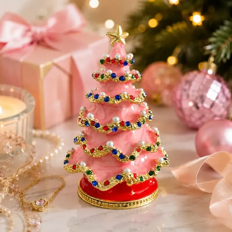 Enamel Christmas Tree Jewelry Box – Rhinestone & Pearl Luxe Desk Decor, Ring & Earring Storag. Perfect for Christmas, Birthdays, Housewarmings, Ideal Gift for