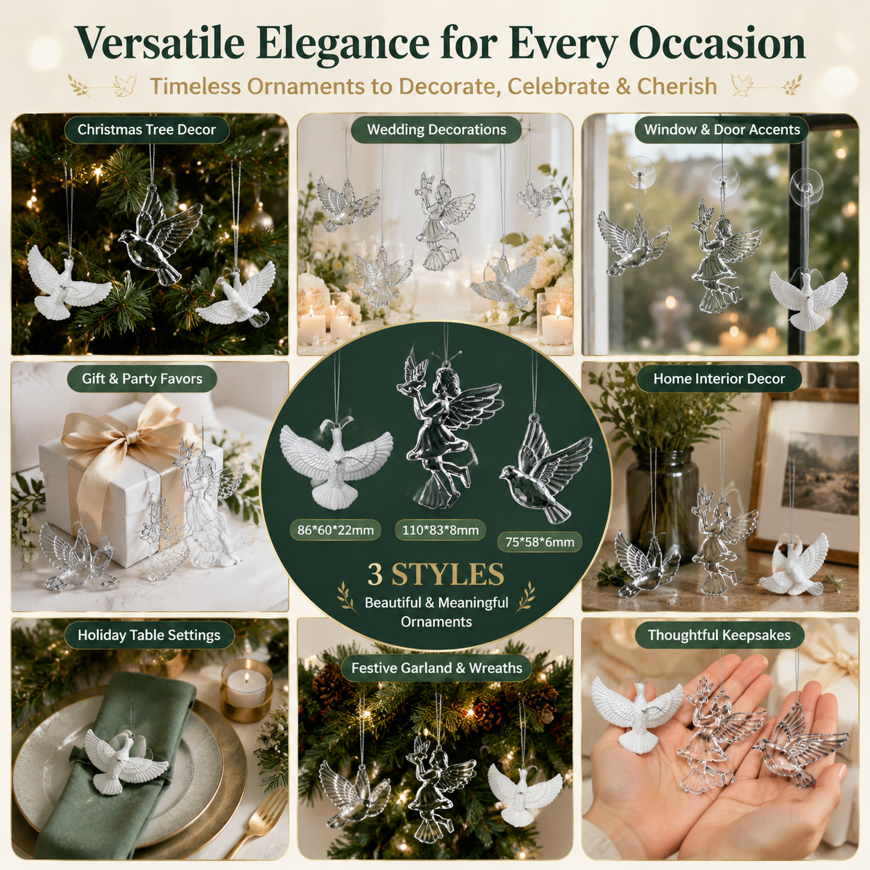 Crystal Dove and Fairy Christmas Ornament Set (20 PCS) – Elegant Peace Dove Fairy Hanging Pendant, Wedding Party Window Display Decor and Holiday — image 2