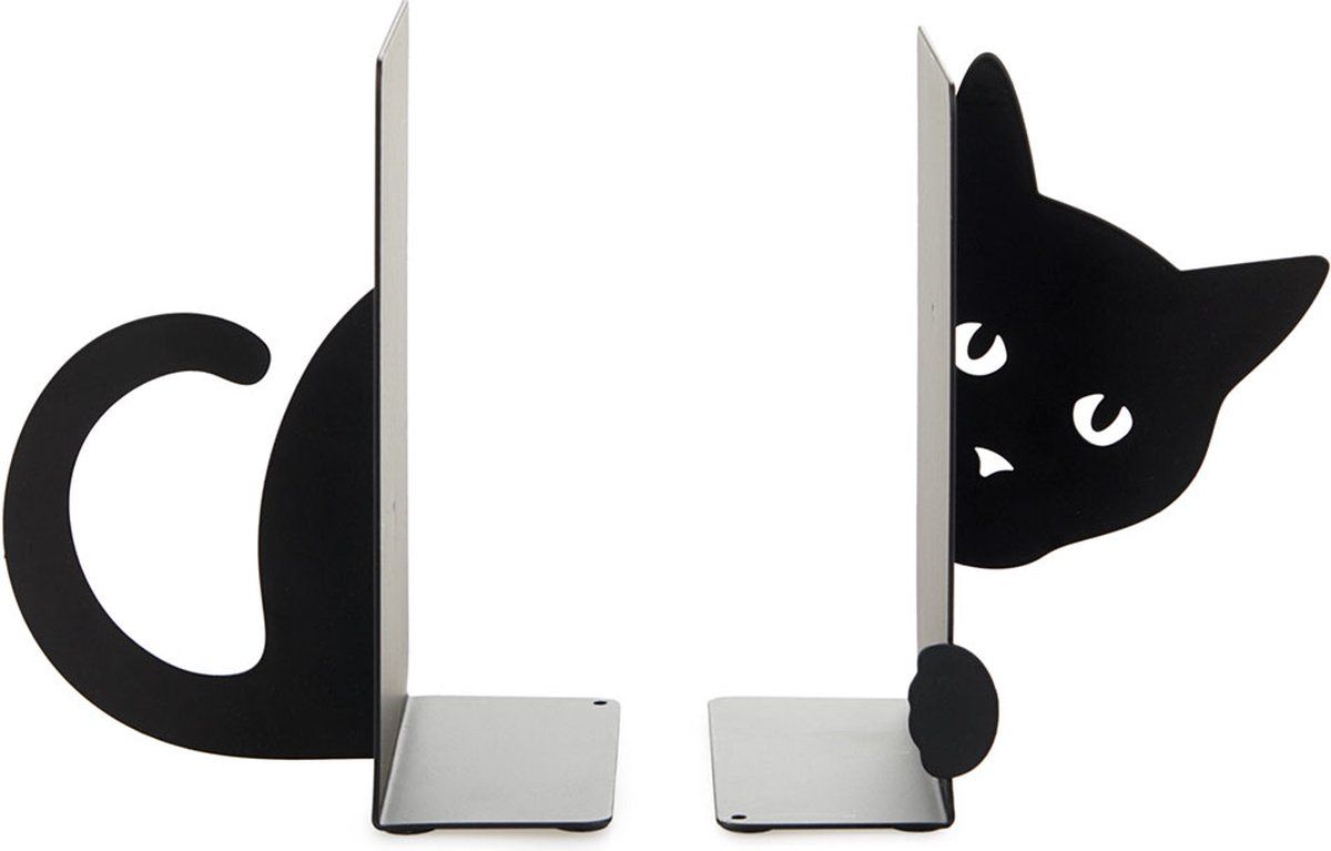 2-Piece Hidden Cat Metal Bookend Set, Black Decorative Book Supports — image 3