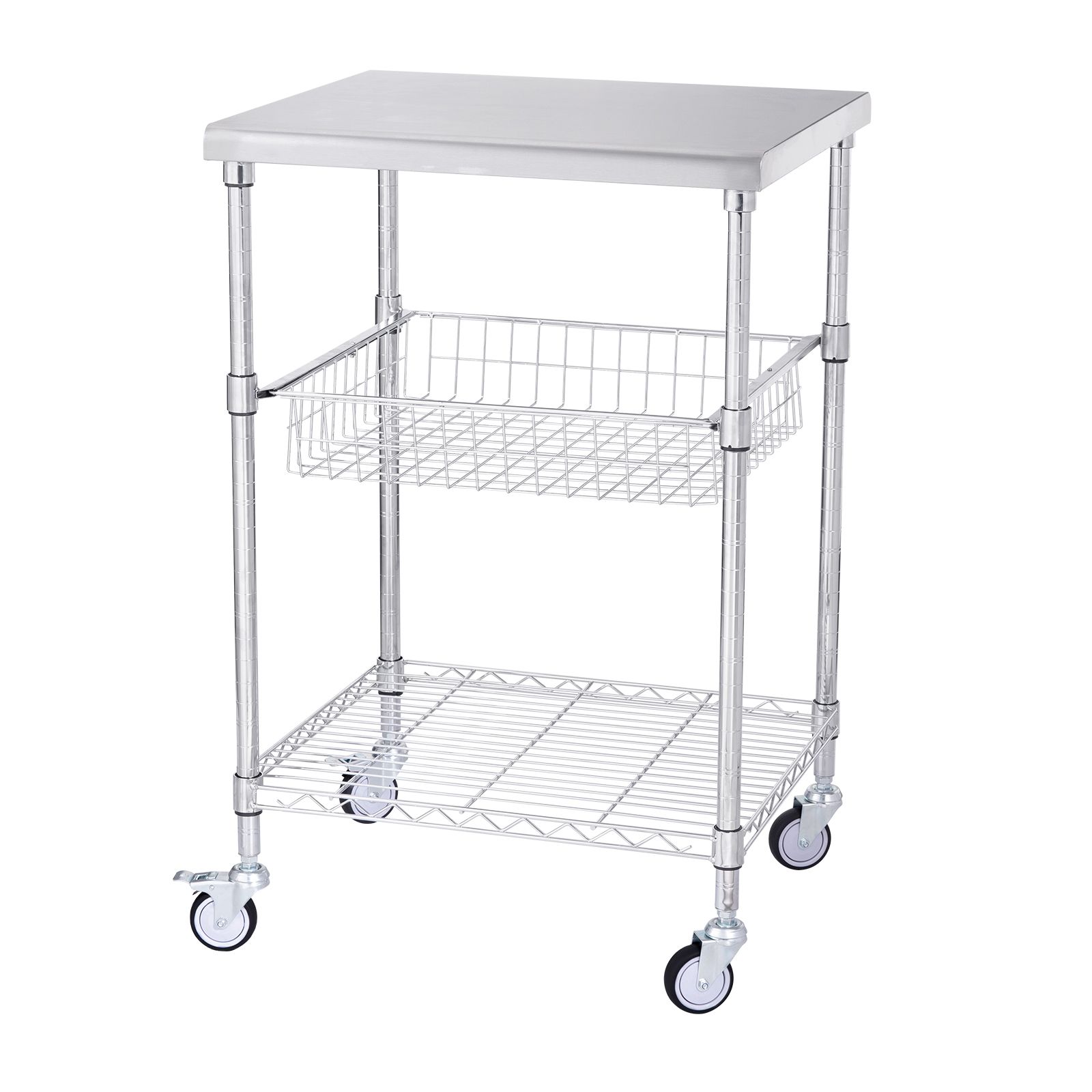 Kitchen Utility Cart, 3 Tiers, Wire Rolling Cart with 213kg Capacity, Steel Service Cart on Wheels, Metal Storage Trolley with 76mm Basket Curved