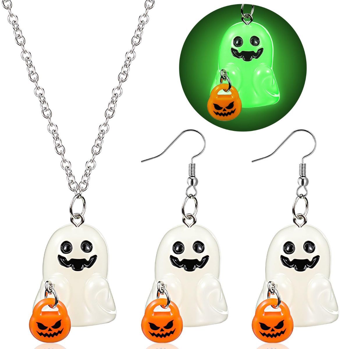 Halloween Ghosts Earrings and Necklace Set Glow in the Dark Adopt a Ghost Earrings Necklace Spooky Light up Halloween Jewelry Set for Women and Men - White