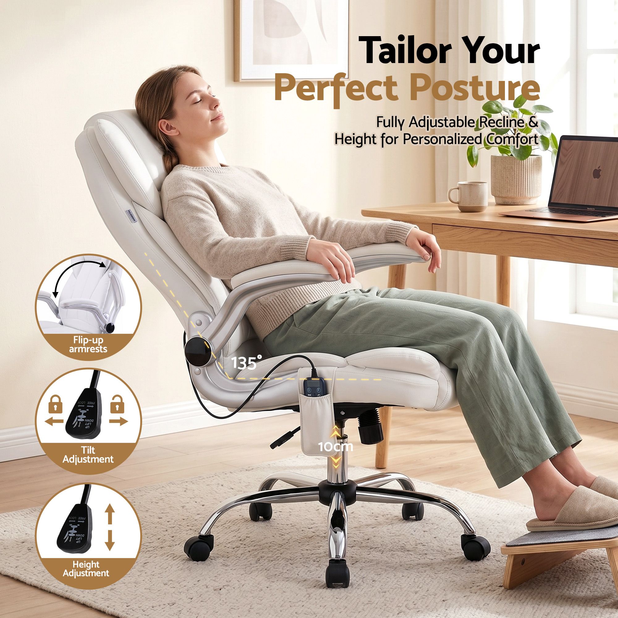 Artiss 8 Point Massage Office Chair PU Leather White โ image 5