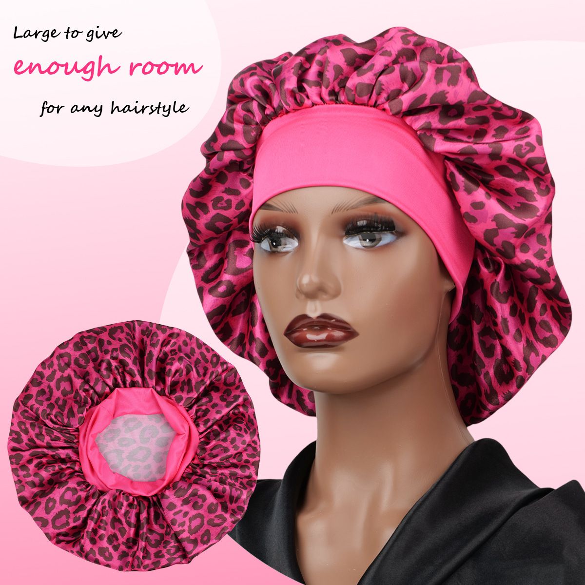 Scorpio -Rose Red Leopard Print Satin Sleep Bonnet - Large Size Hair Protection Cap with Elastic Band, Soft Lined for Curly Hair, Night Wear and Spa Use β image 3
