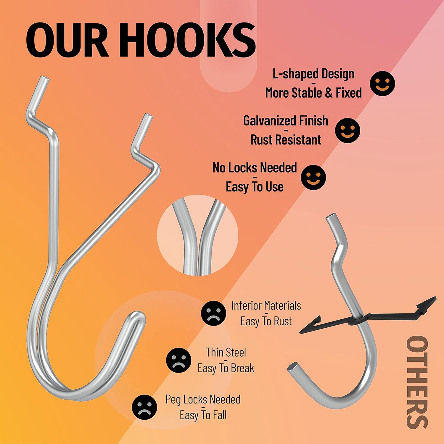 80 Pack Pegboard Hooks J-Hook – 1 Inch Silver J Hooks for Pegboard – Heavy Duty Peg Board Hooks for Hanging Jewelry, Keys, Retail Items & Small Tools – Fits — image 2