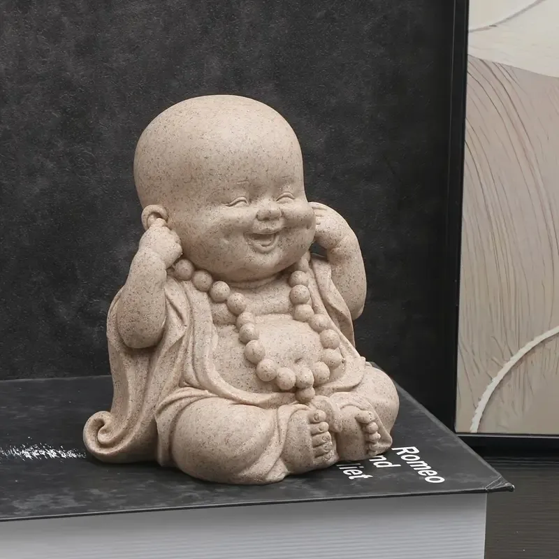 Zen Monk Resin Figurine, 3 poses hear-see-speak no evil, sandstone texture, serene smiling Buddha, perfect for tea pet, desk, car, indoor & garden decor