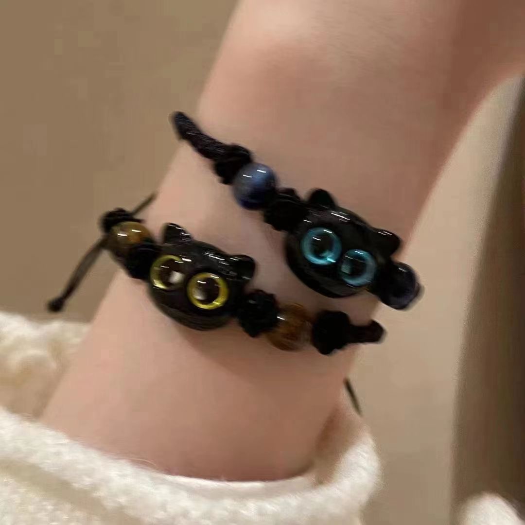 Cute Cat Beaded Bracelets Crystal Cat Wristband Jewelry Braided Rope Bracelet Stylish Jewelry Women Girl Teen — image 2