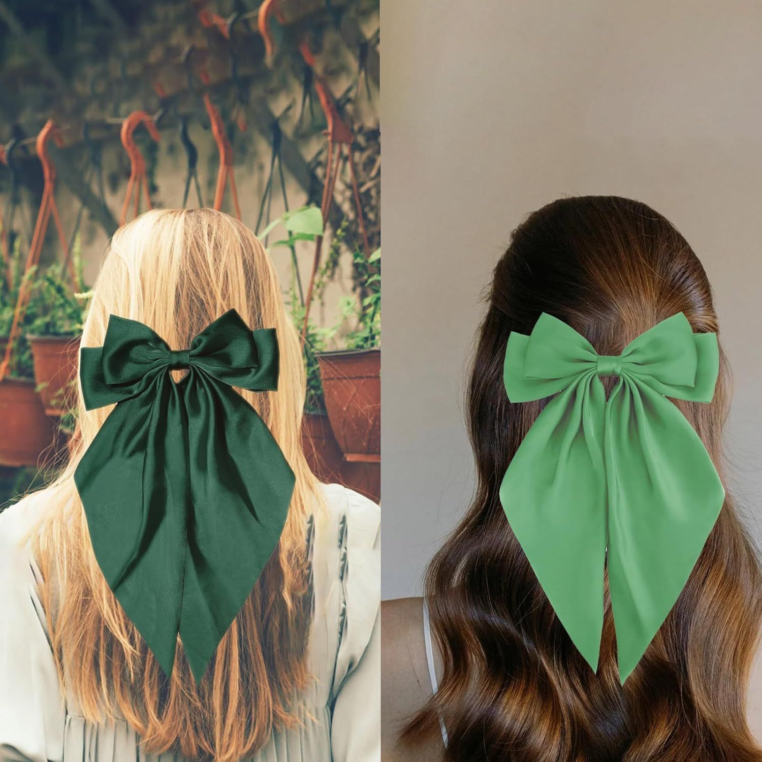Green Hair Bows for Women Girl, Big Bow Hair Clips, Silky Satin Bows Oversized Long Tail with Clips Barrettes Big Bowknot Hair, St. Patrick's Day Party โ image 4