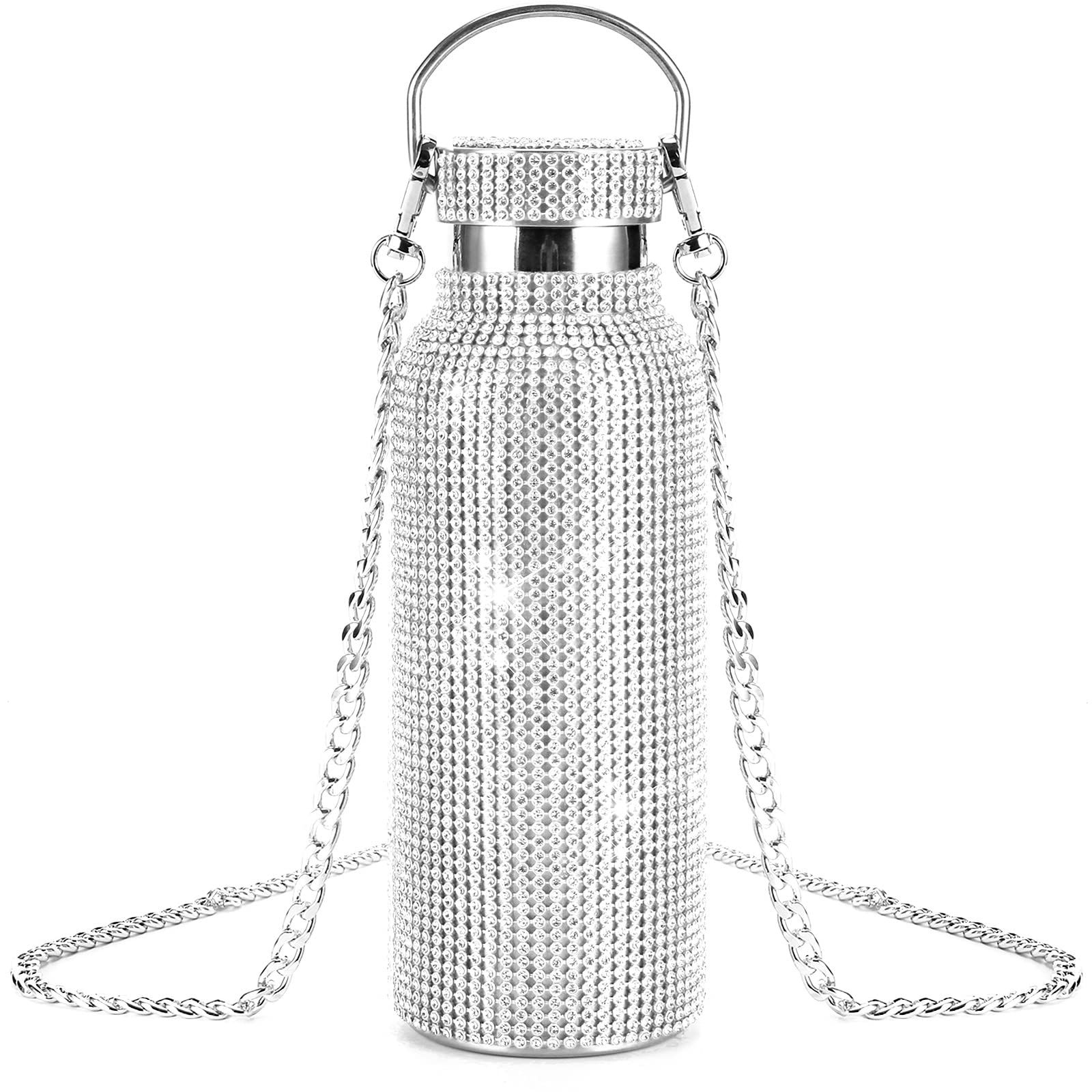 Bling Diamond Thermal Bottle,Glitter Water Bottles, Stainless Steel Thermal Bottle Refillable Water Bottle with Chain for Women