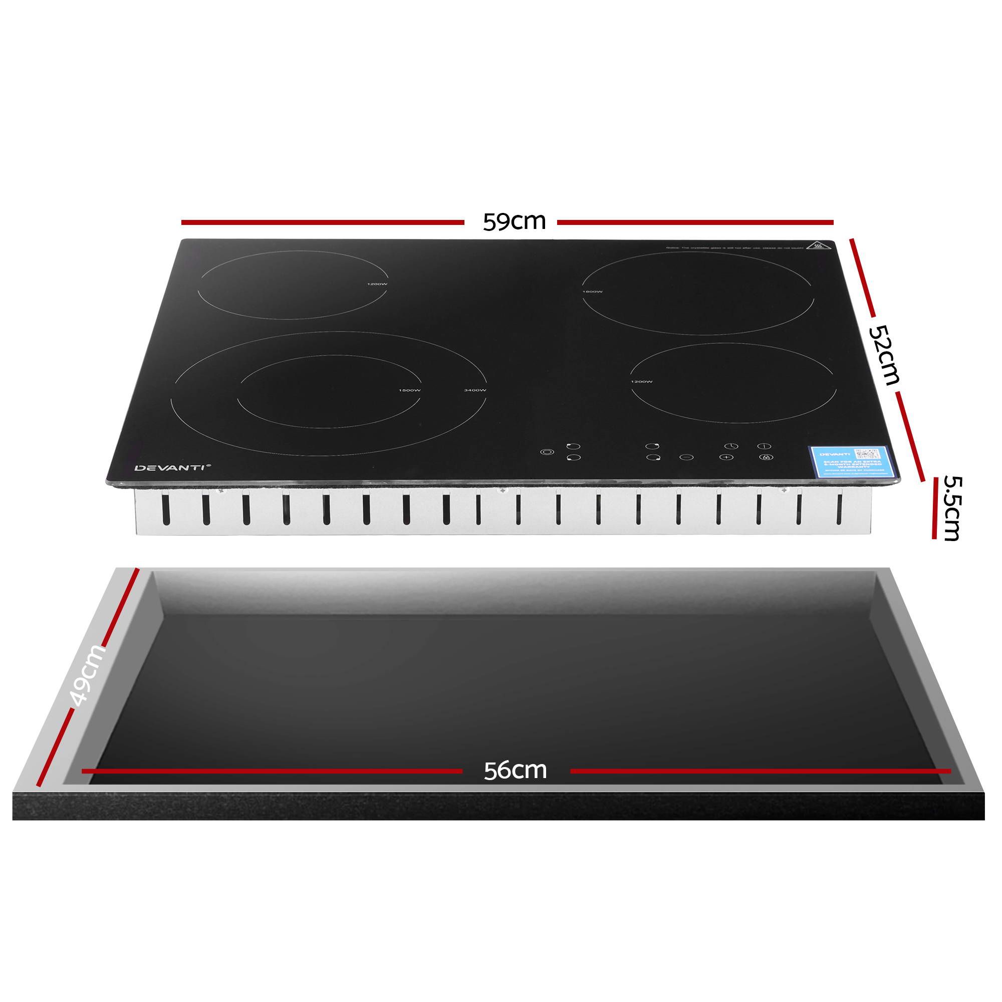 Devanti Ceramic Cooktop 5 Cooking Zone 4 Electric Hobs Touch Control 7600W Black — image 2