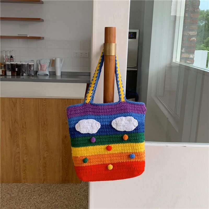 Purse Crochet Beach Bag Rainbow Crossbody Bag Accessories Firm and durable for use easy to hold items.(Large) — image 5