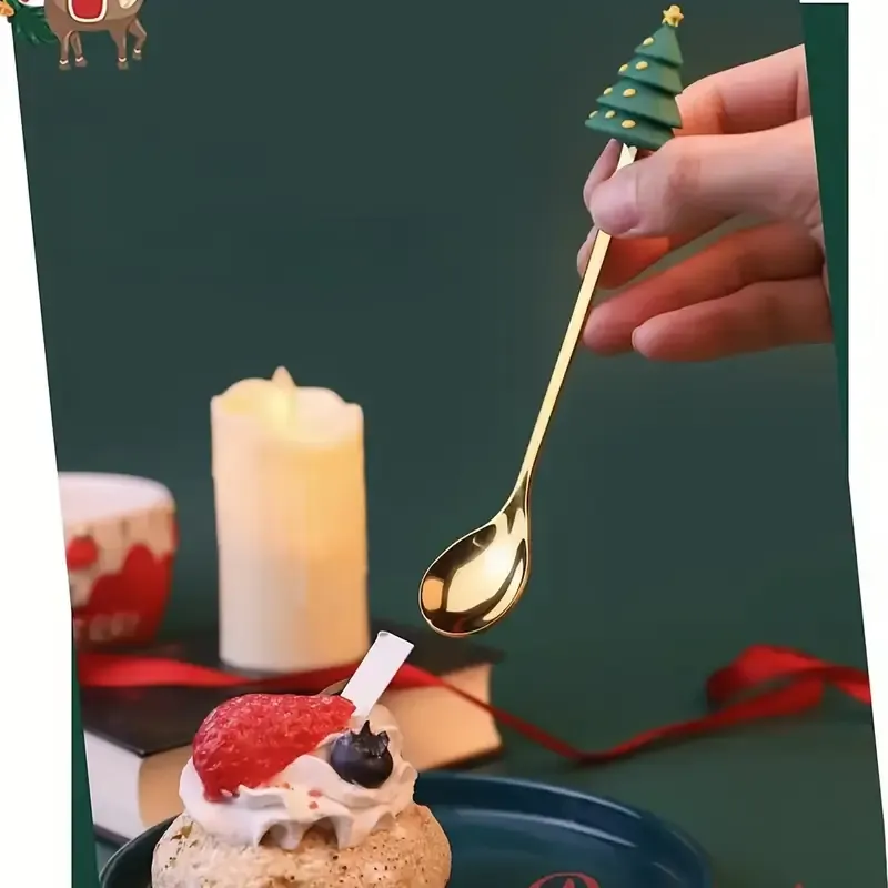 4PCS Christmas Cartoon Spoon & Fork Set – 3D Toppers, Gold Stainless Steel Dessert & Coffee Spoons, Fruit Forks, Festive Table Decor, Elegant Gift Box — image 4