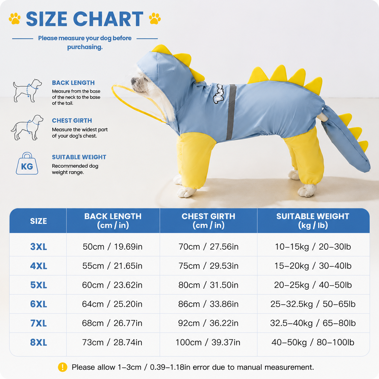 Blue Dog Raincoat Dinosaur Hooded Waterproof Jacket 7XL Size with Leash Hole Removable Tail Cover Full Body Coverage Pet Rain Coat for Outdoor Walking Large — image 5
