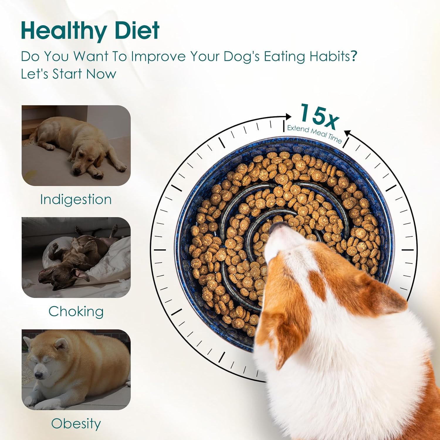 Slow Feeder Dog Bowl, 1.5 Cups Ceramic Slow Feeder for Medium Breed, Puzzle Maze Dog Food Bowl for Fast Eater, Blue — image 3
