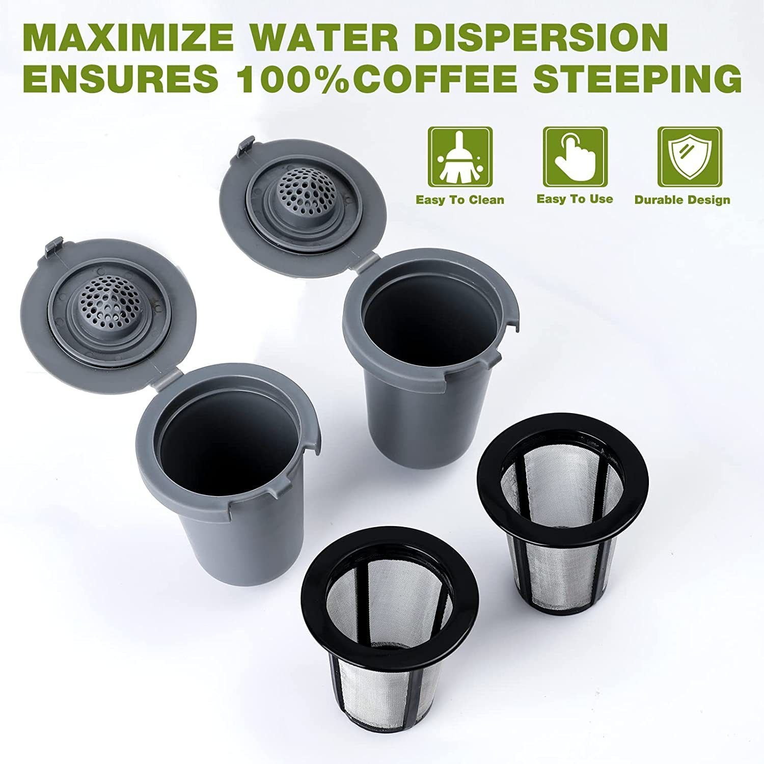 Reusable Filter Cup, Stainless Steel Mesh Filter, Special design water shower, durable filter cups, Gray(2 Pack) โ image 4