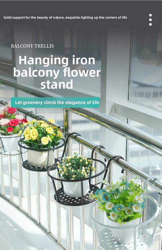 Hanging Flower Pot Holder Metal Balcony Railing Planter Basket Round Iron Rack with Mesh Bottom Fits up to 6cm Rail for Fence & Patio Black — image 4