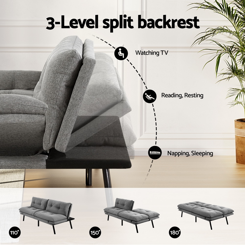 Artiss Sofa Bed Convertible 3 Seater Couch Recliner Lounge Chair Fabric Grey — image 4