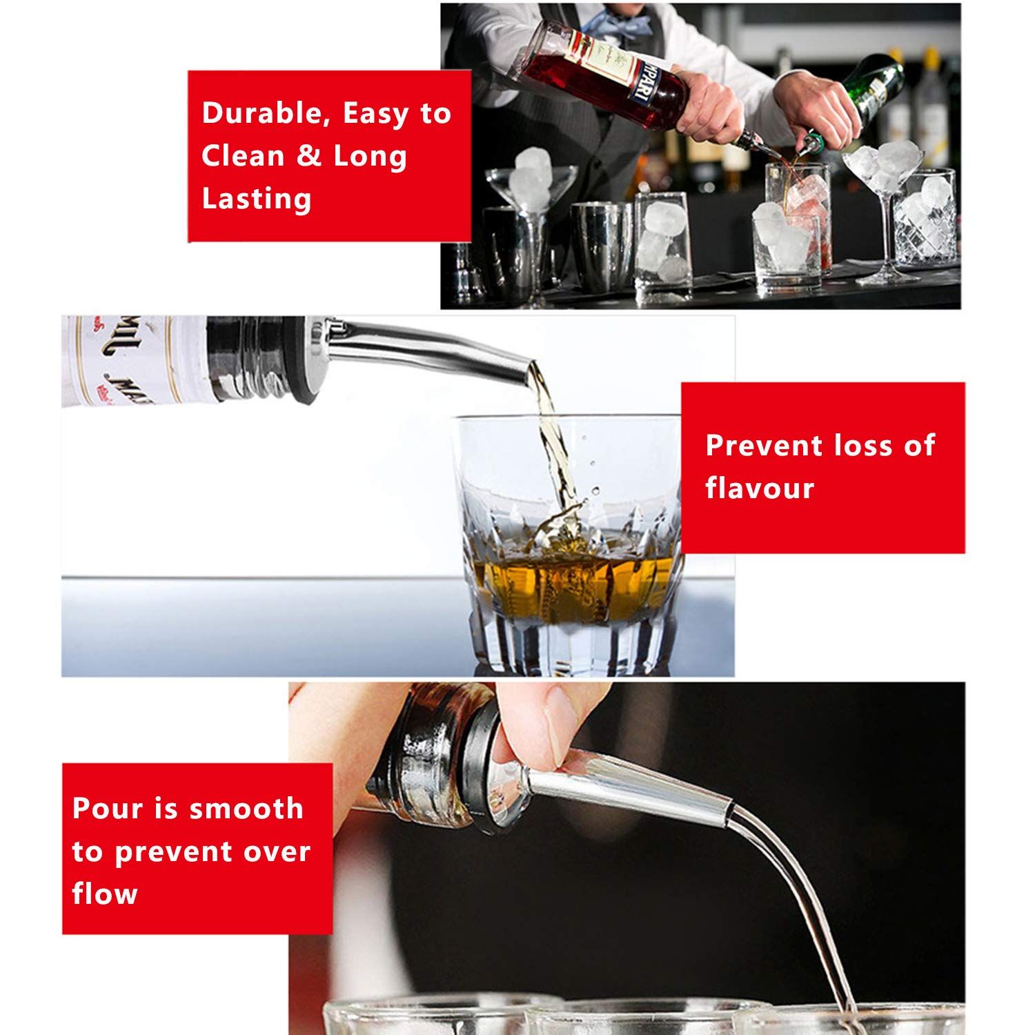 2 Pcs Liquor Pour Spouts Set, Stainless Steel Liquor Bottle Pourers with Rubber Dust Caps, for Pours Liquid (Silver) — image 2