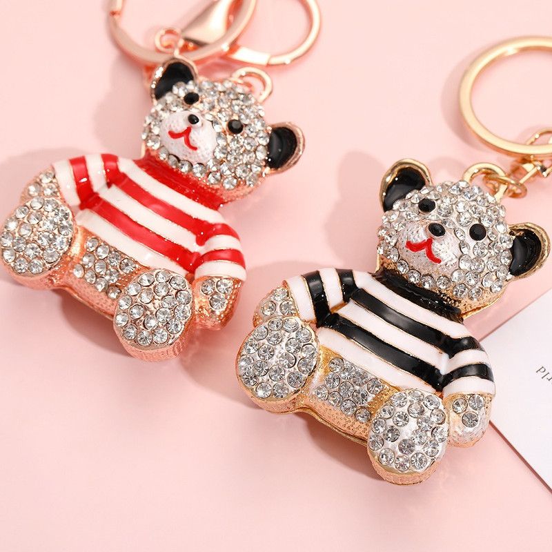 Black - Rhinestone Striped Bear Keychain, Cute Enamel Cartoon Bear Bag Charm Pendant, Alloy Bling Key Ring Accessories for Gifts & Bag Decoration — image 3