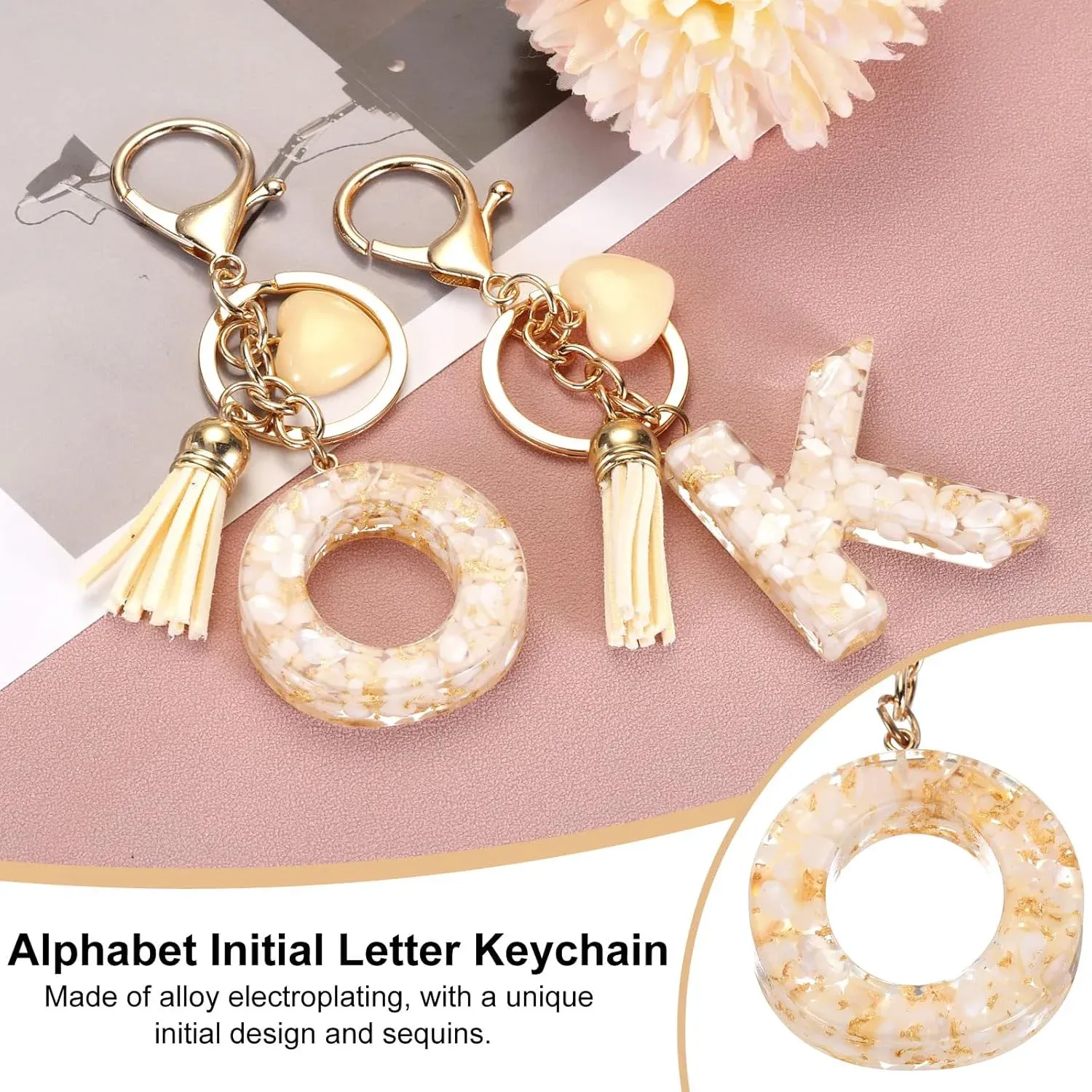 Resin Circle Keychain with Tassel and Lobster Clasp for Women Bags and Car Keys Cream Gold Tone, Letter O Option โ image 3