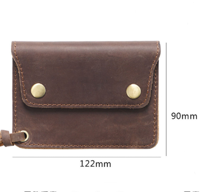 Coffee Handmade Crazy Horse Leather Wallet Vintage Coin Purse Zipper Card Holder with Strap Snap Closure Top Layer Cowhide 12cm — image 2