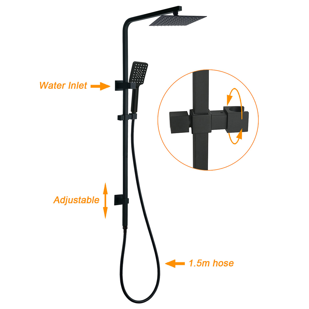 WELS Matt Black 8" Rainfall Shower Head 3 Modes Handheld Wall Rail Arm 2in1 Mixer Set — image 2