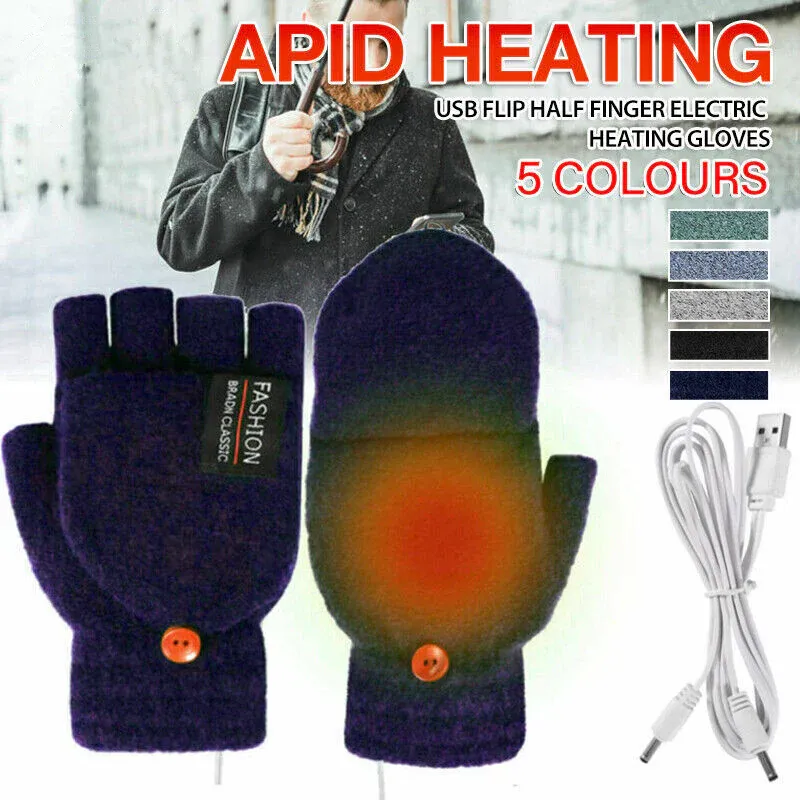 USB Heated Half Finger Gloves Winter Warm Knitted Gloves for Typing and Office Use - Grey β image 2