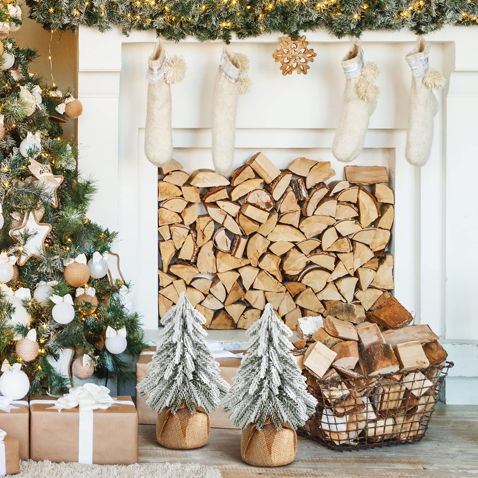3 Pcs Snow Tabletop Christmas Trees, Snow Flocked Mini Tabletop Pine Trees with Wooden Base,Artificial Desk Christmas Trees for Xmas Holiday Home Party Table โ image 2