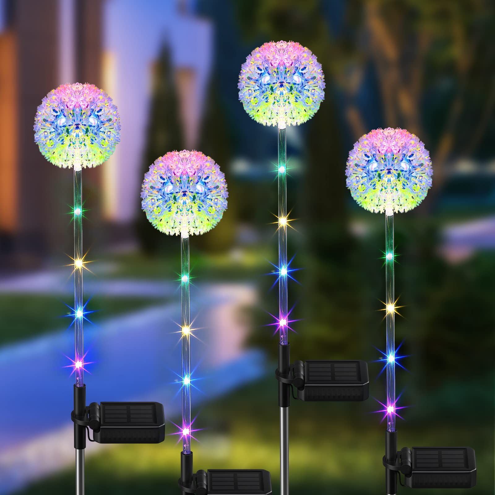 Solar Garden Lights Outdoor, 4 Pack Dandelion Solar Outdoor Lights Decorative with Colorful LED Lights, Upgraded Waterproof Solar